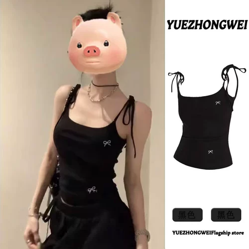 Черная короткая майка топ с бантиком без рукавов, с вышивкой, в американском стиле, облегающий крой