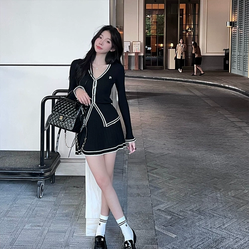 Трикотажный комплект, осенняя юбка в складку, в стиле Шанель, осенний, городской стиль