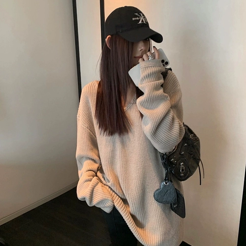 Весенний черный демисезонный трикотажный свитер, V-образный вырез, в западном стиле