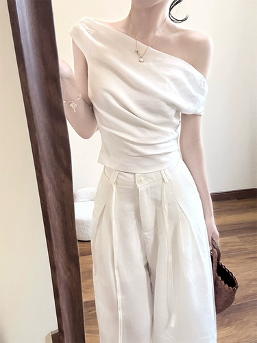 Белая летняя футболка с коротким рукавом с узкими плечами, французский стиль, изысканный стиль