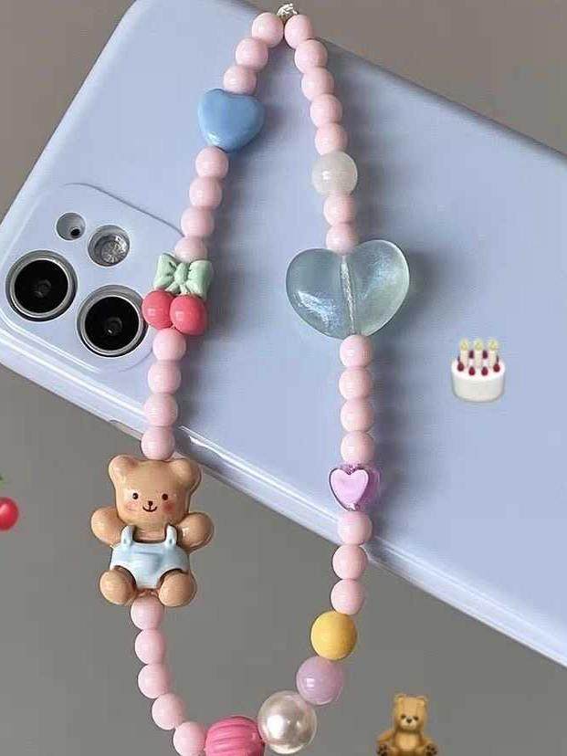Blue Bear Phone Chain, High-End Accessory, Original Chain, Cute Wrist Lanyard, Beaded Pendant, Camera Hanging Chain