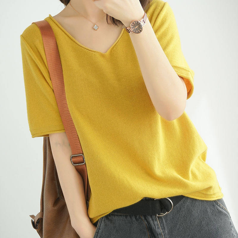 Pure cotton short sleeve woman 2022 summer new V collar loose large size casual pure color 100 lap knit thin girl T-shirt woman