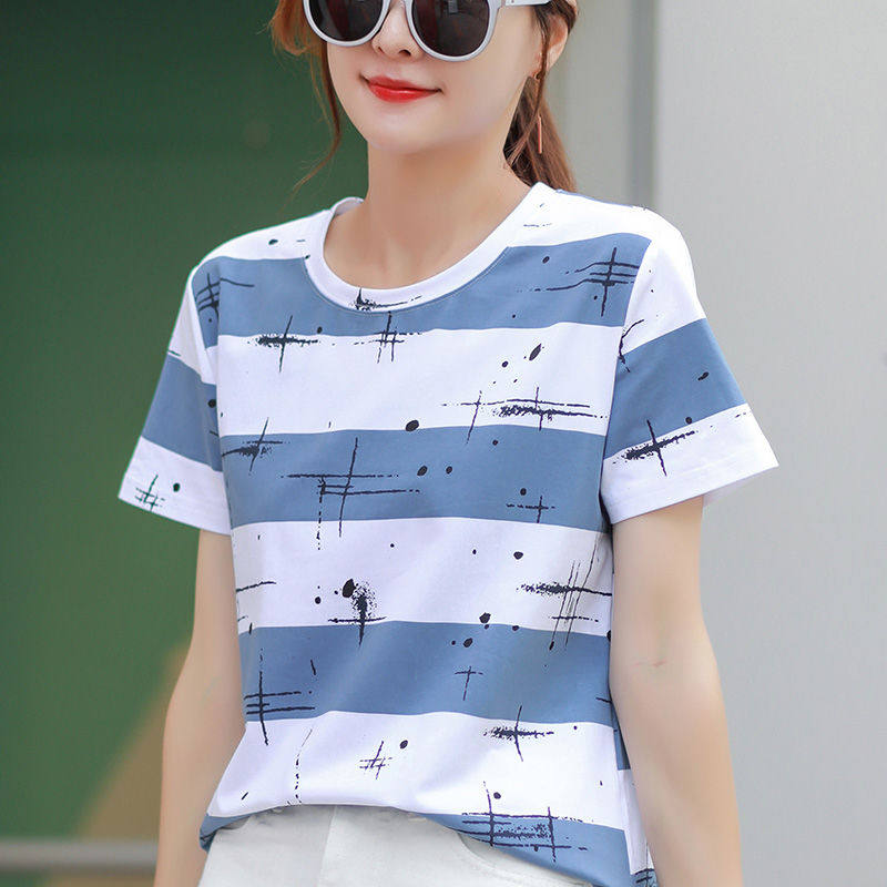 Large size women's clothing 2022 summer Korean edition new cotton - collar striped short - sleeved T - shirt women loose tide