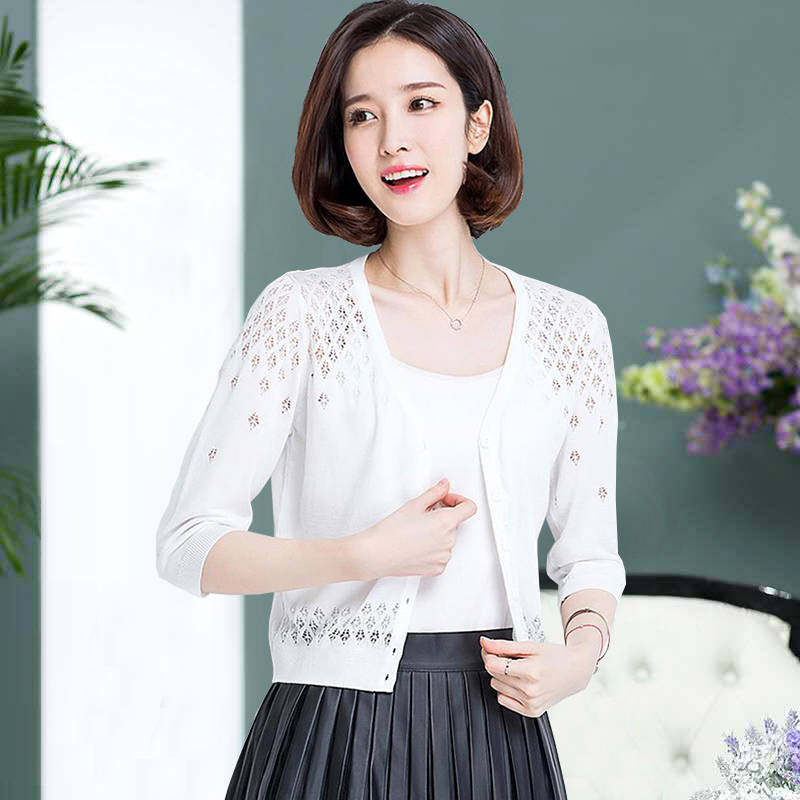 Knitted cardiovert woman short hollowed-out summer small shawl outer lap thin covered jacket ice silk sunscreen air conditioning knitted sweatshirt