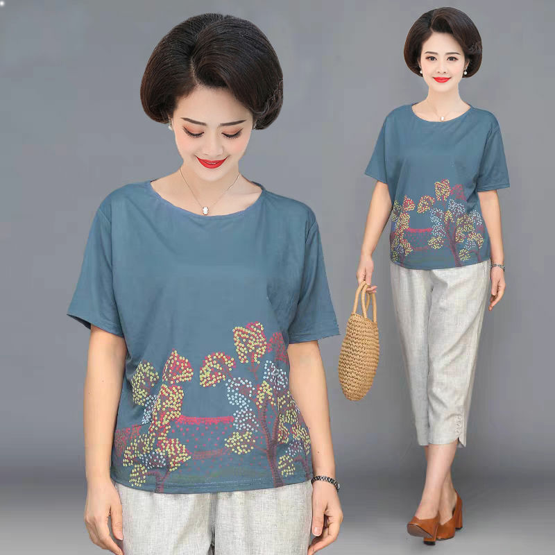 Cotton T - shirts women loose and mom dress women dress 2022 new striped printed casual tops short sleeve girls