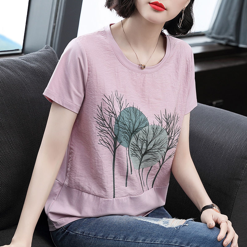 With cotton short sleeve T-shirt loose large size folk wind T-shirt 2022 summer dress new casual embroidered half sleeve blouse t