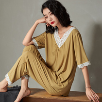 Modale Pajamas Woman Summer Short Sleeve Long Pants Ice Silk Lace Lace Spring Autumn Half Sleeves Extras Wear Home Suit Suit