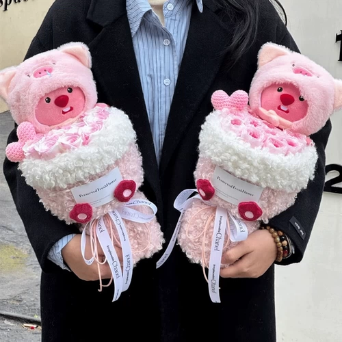 Кукла, плюшевая мультяшная клубника, енот, букет, подарок на день рождения