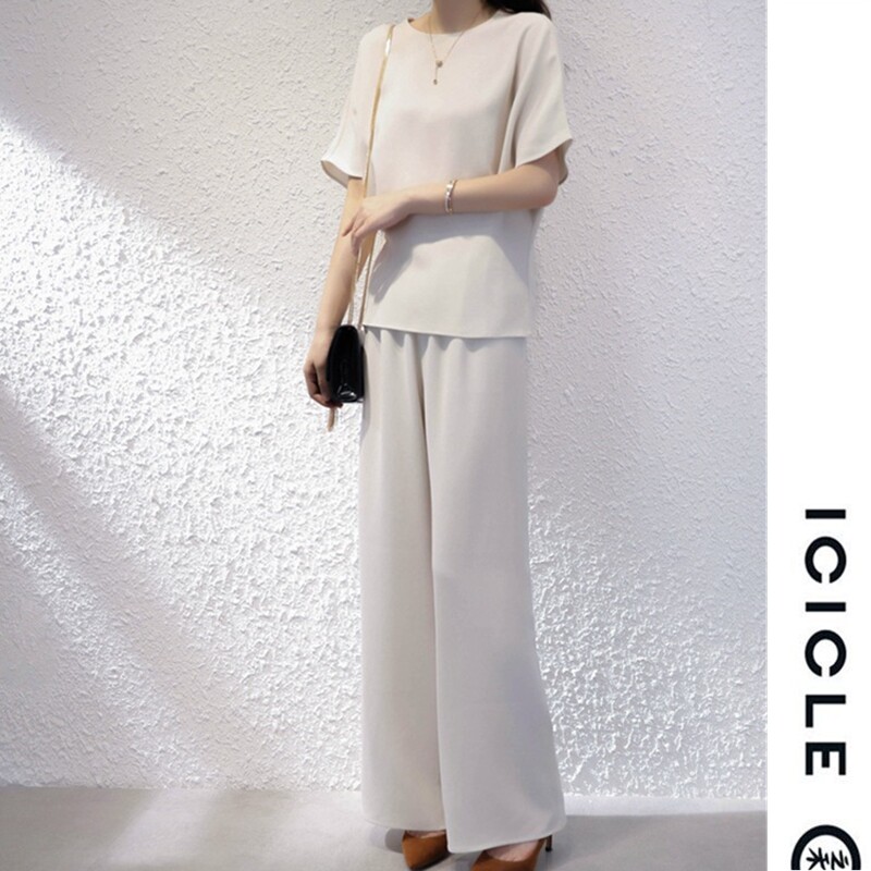 ICICLE Zhihe women's silk half-sleeved T-shirt 2022 spring and summer loose and thin casual wide pants two-piece suit