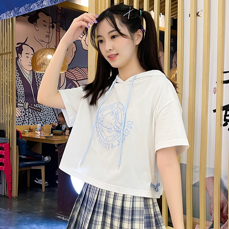 Female Great Boy Summer Clothing 12 Pure Cotton Tandem Hat Loose short 13 girl short sleeve T-shirt 15 year old girl China Wind blouse