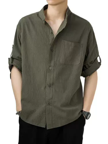 Комфортная тонкая весенняя летняя однотонная мужская рубашка для отдыха, китайский стиль, из хлопка и льна