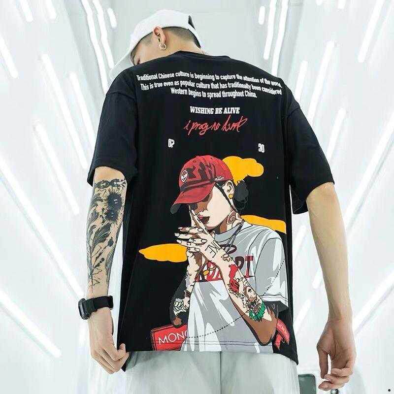 Behind the big print European and American tides Hip Hop T-shirt Male original Cebu Wind Loose Trend Streets Half Sleeve Summer Short Sleeve Men