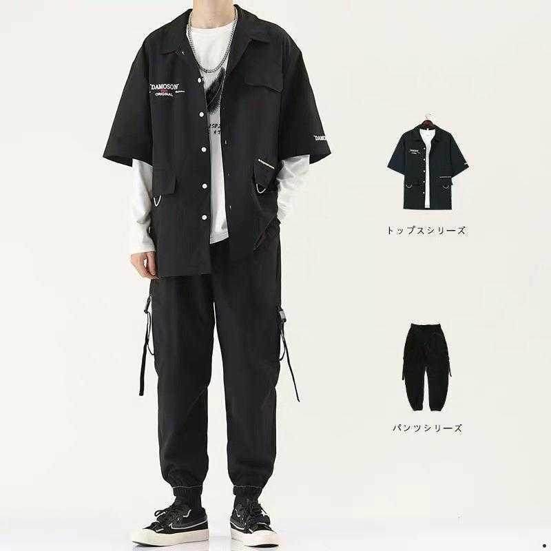 Three suit men's spring Han version loose student trend tooling jacket shirt set with matching tooling pants man