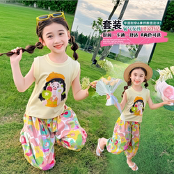 소녀의 짧은 소매 2 피스 여름 뉴스 스타일 아동 티셔츠 다용도 및 세련된 여자 블루머를위한 어린이 조끼