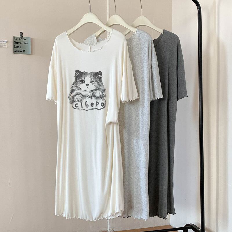 Cute Kitten Print Modal Cotton Rolled Edge Round Neck Short-Sleeved Nightgown Summer Loose Mid-Length Home Wear Pajamas