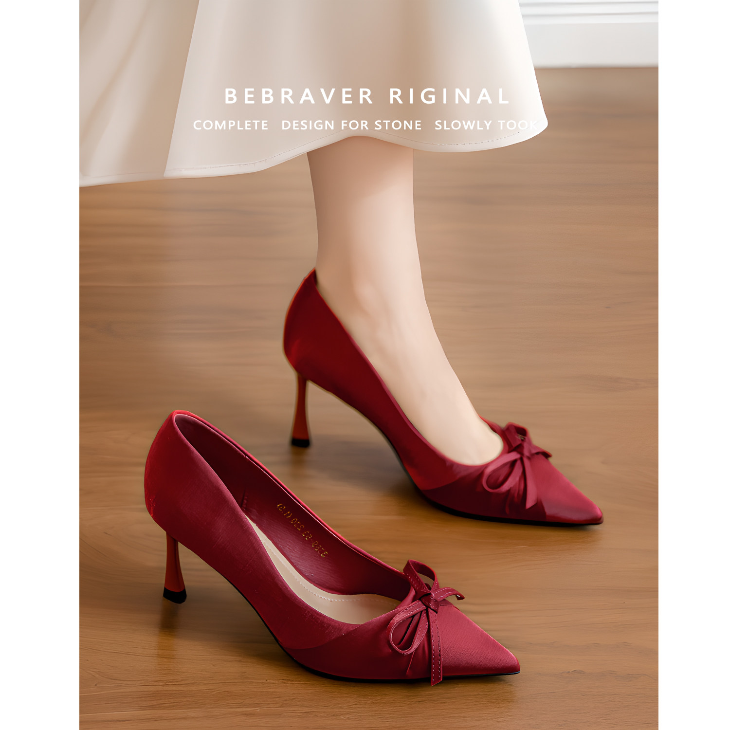 Genuine leather red satin Xiuhe wedding shoes for women, pointed toe, formal banquet shoes with bow, stiletto heels, suitable for everyday wear.