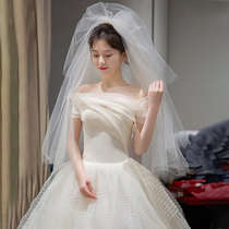 French light wedding dress 2021 new word shoulder bridal temperament simple thin small man super fairy dream tail girl