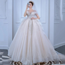 French light main wedding dress 2021 new word shoulder bridal dress simple tail thin out yarn niche design