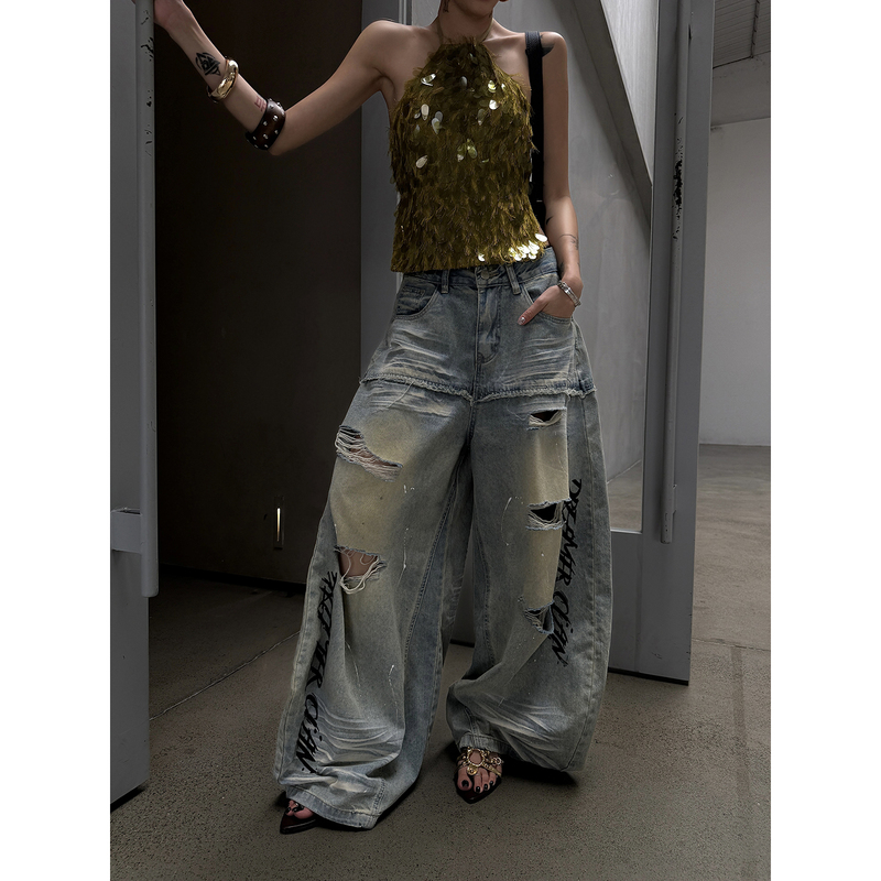 Stylmw Jingzi American High Street Retro Ripped Jeans Low-Waisted Fashionable Slimming Design Wide-Leg Pants Stylmw Jingzi American High Street Retro Ripped Jeans Low-Waisted Fashionable Slimming Design Wide-Leg Pants