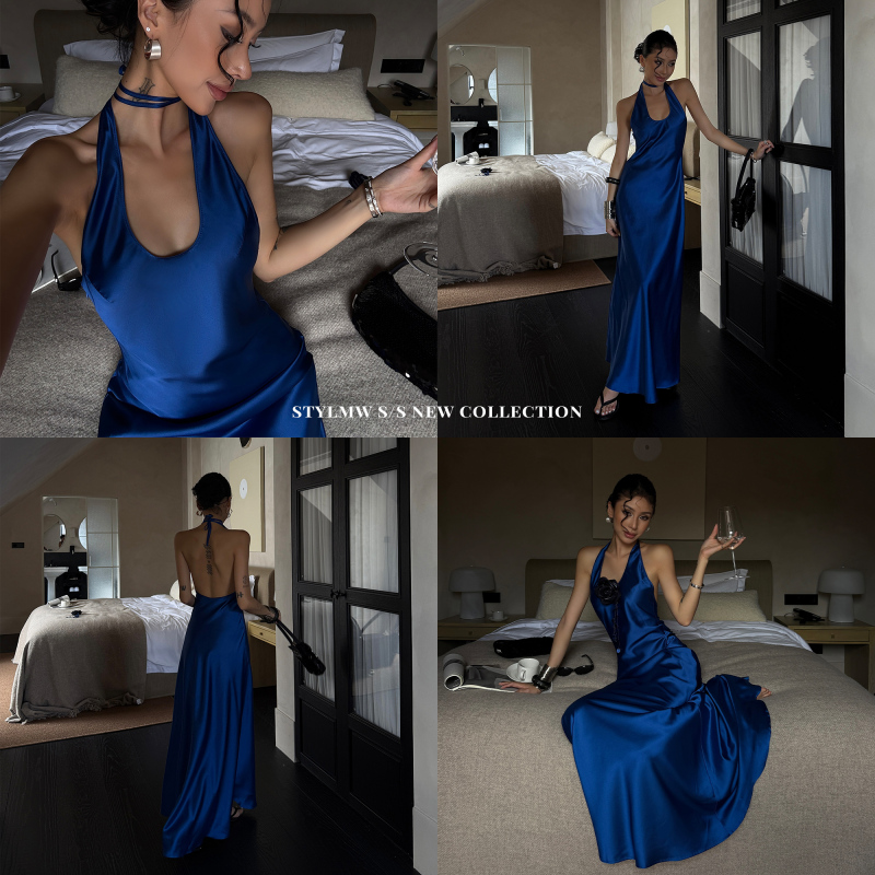 Stylmw Jingzi Halter Neck Slim Evening Dress for Women, Summer High-End Blue Slimming Classy Fashion Dress Stylmw Jingzi Halter Neck Slim Evening Dress for Women, Summer High-End Blue Slimming Classy Fashion Dress