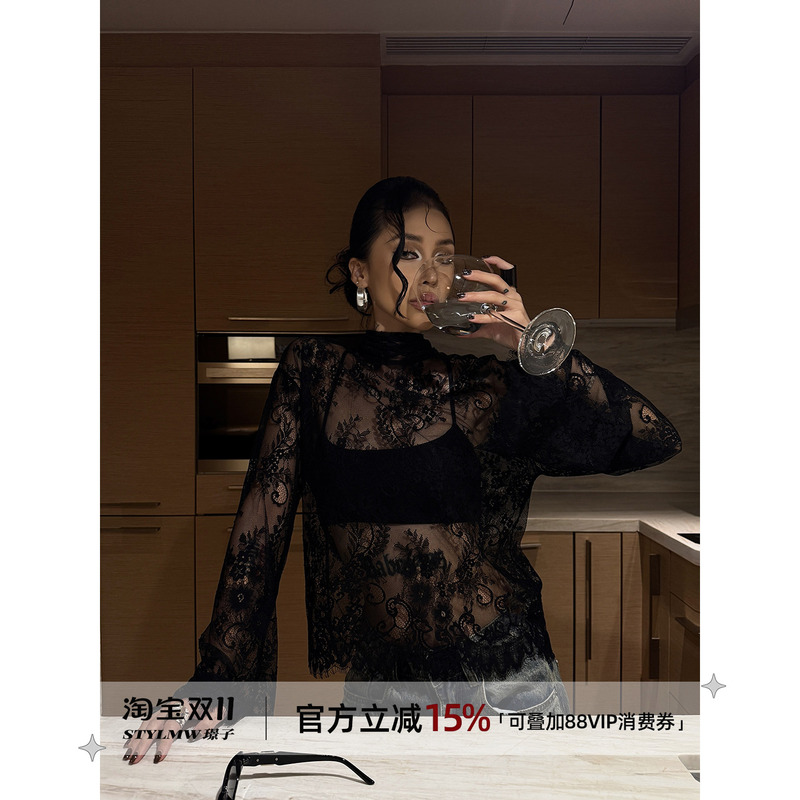 Stylmw Jingzi Pure Desire Style Half-High Collar Floral Sheer Lace Blouse Women's Autumn Black Lace Overlay Top
