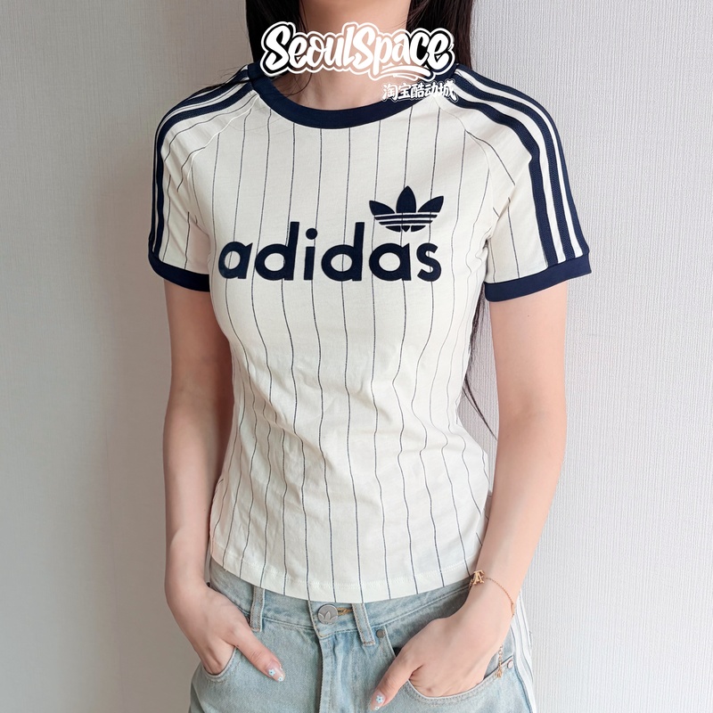 Adidas Adidas Trefoil Women's Summer New Slim Fit High Waist Striped Sports Short Sleeve T-Shirt Jc7705