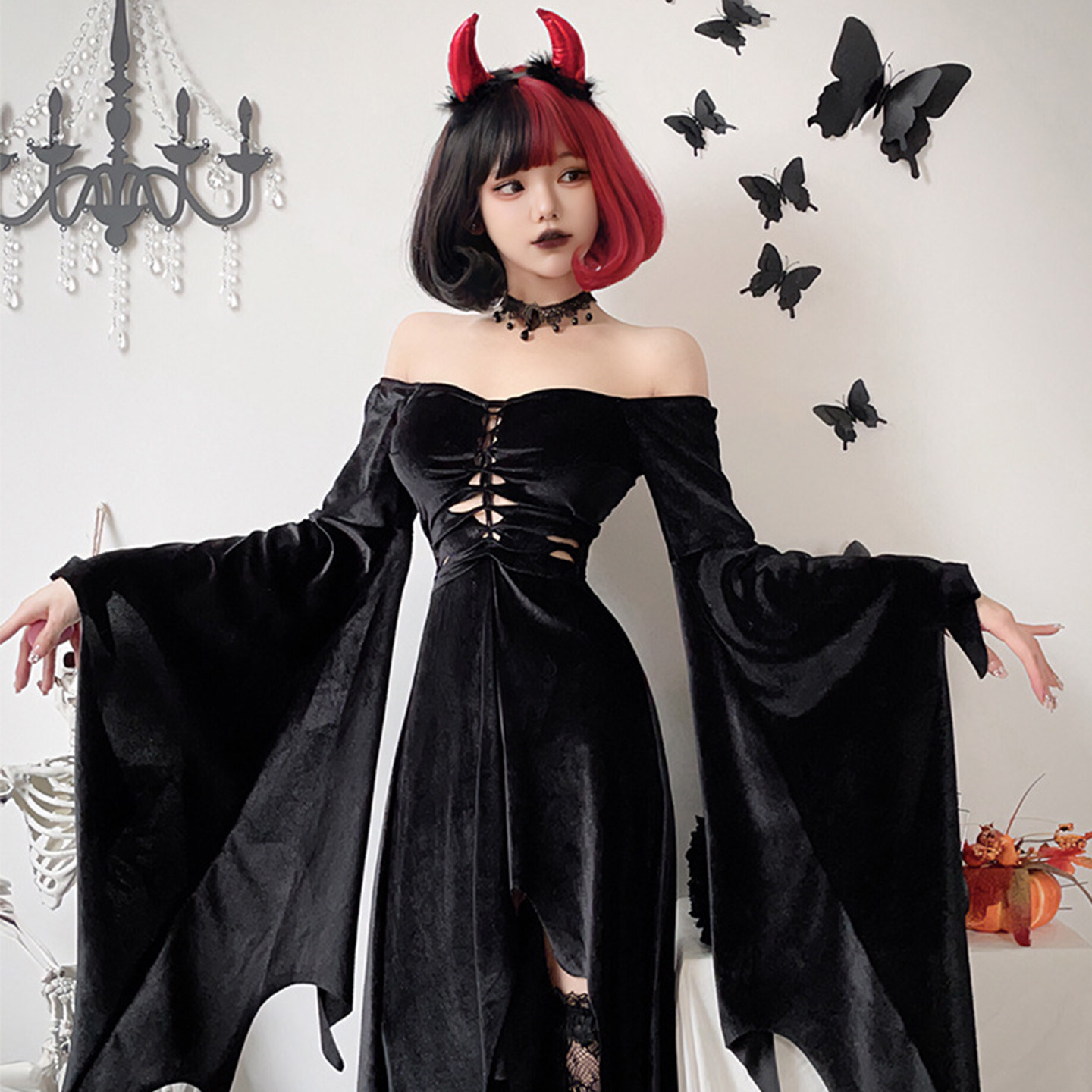 Halloween cosplay costume, adult women's bat costume, dark demon performance costume, vampire long dress for women.