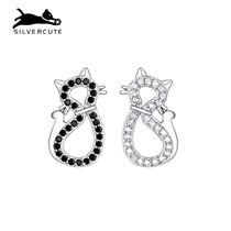 Cute Silver Black & White Couple Cat Ear Nail Female Summer 925 Pure Silver 2021 New Tide Earrings Small Crowd Design Minimalist Ear Accessories