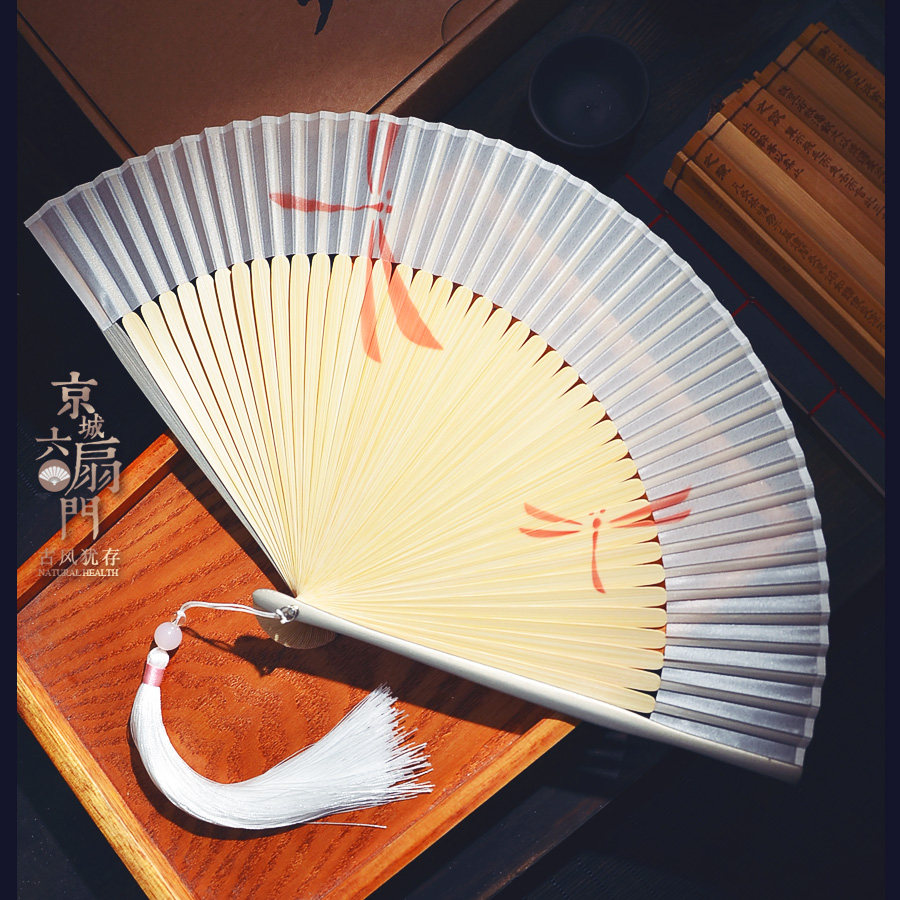 Chinese style gray dragonfly pure color silk bamboo fan summer Japanese folding fan folding women's dance fan