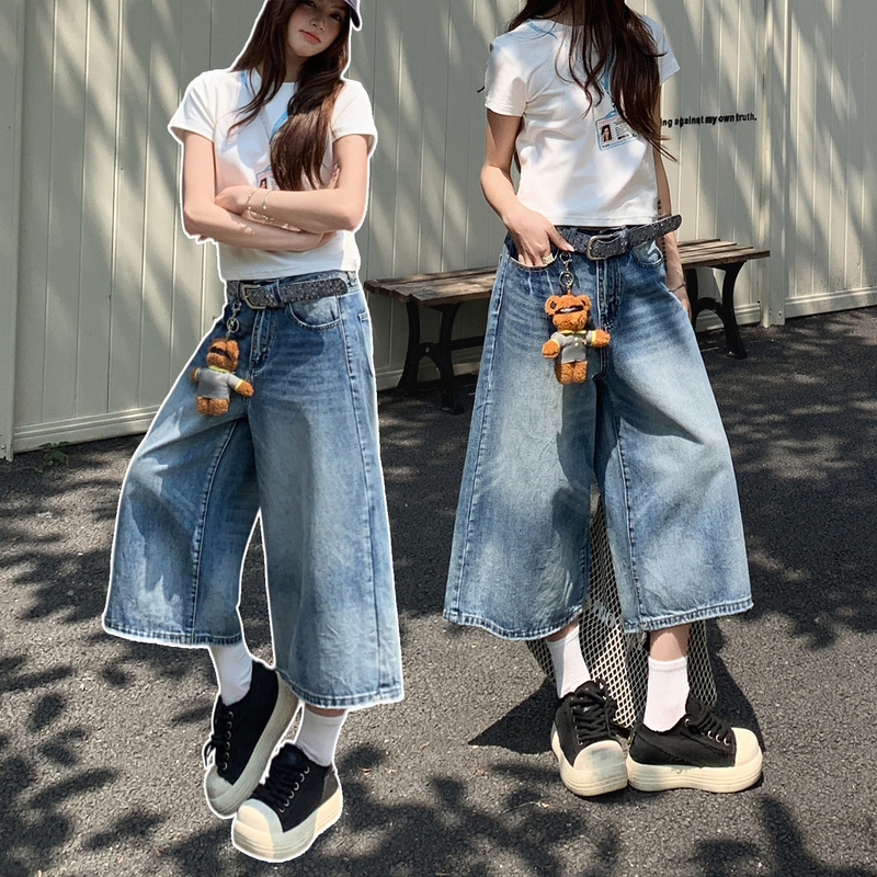 American-Style Cropped Pants for Women, Summer Thin Style, 2026 New Denim High-Waisted Retro Loose Wide-Leg Shorts, Eight-Point Mid-Length Pants