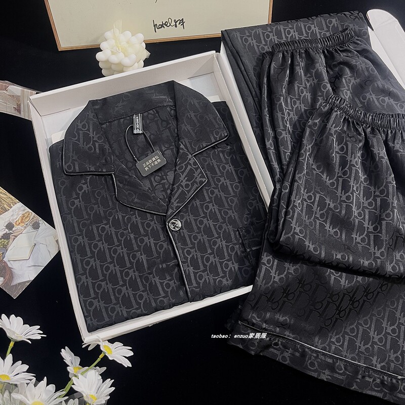 Ice Silk Pajamas for Men, Summer Short-Sleeved Three-Piece Set, Fashionable and Handsome, Internet Celebrity Hot Style, Black Letter Home Wear Set Ice Silk Pajamas for Men, Summer Short-Sleeved Three-Piece Set, Fashionable and Handsome, Internet Celebrity Hot Style, Black Letter Home Wear Set