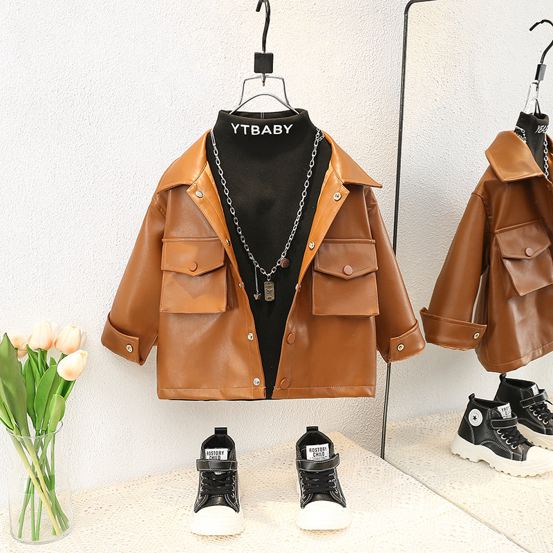 Boys leather jacket spring and autumn 2022 new western style baby fried street handsome leather jacket children's spring top