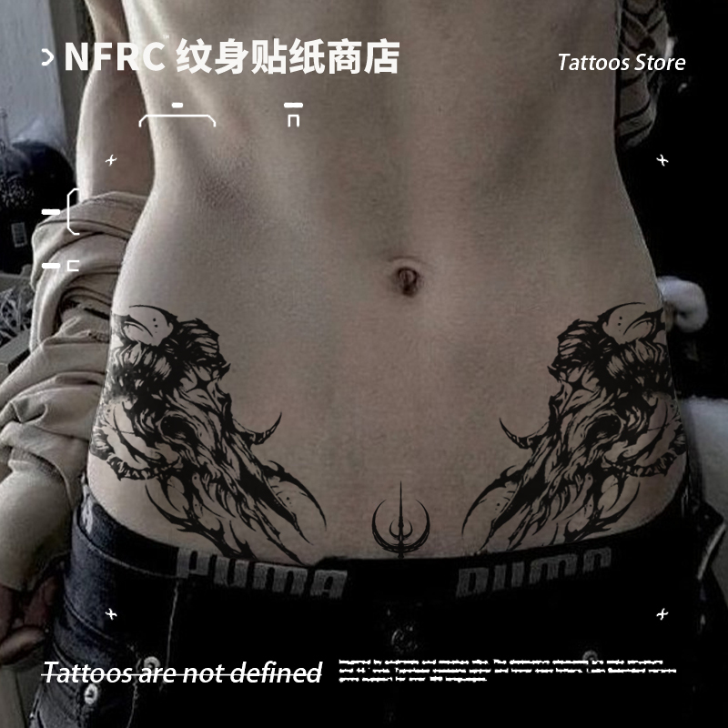 European and American Style Gothic Devil Cross Herbal Juice Tattoo Stickers for Men and Women, Long-Lasting Waterproof Body Art for the Waist