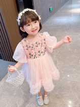 Childrens net celebrity baby girls summer dress sweet summer Western style thin childrens mesh floral princess skirt