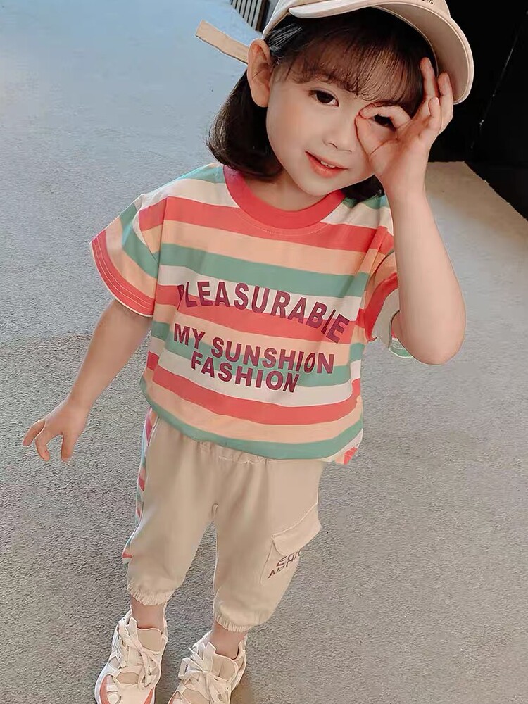 Girls Summer Short-sleeved suit Children's female baby summer net red children's Foreign school pure cotton children's two-piece set thin section