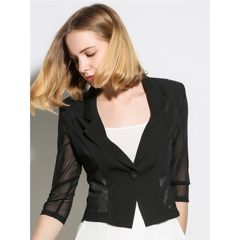 Black Blazer for Women, Spring and Summer New Style, Korean Version, Spliced Mesh, Three-Quarter Sleeves, Slim Fit, Thin Suit Jacket