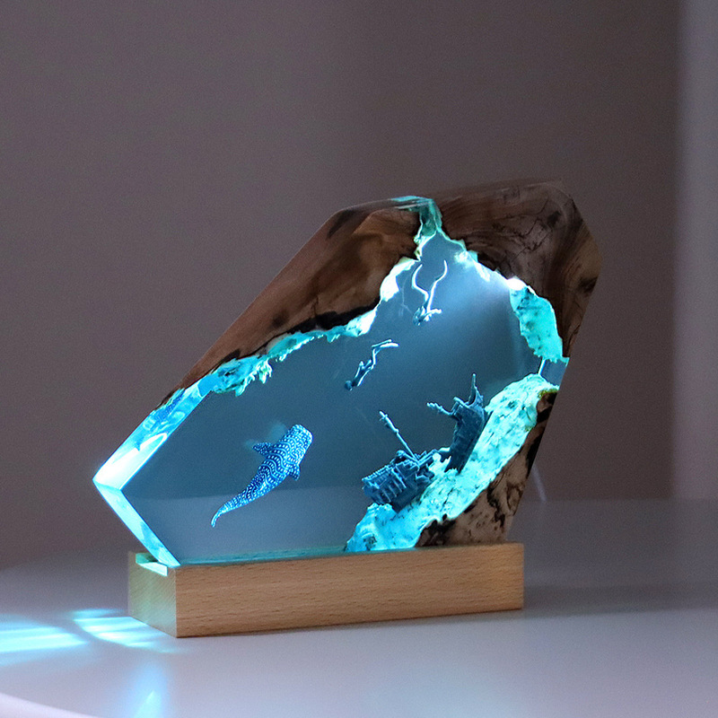 Ocean Whale Figurine Resin Epoxy Humpback Whale Blue Whale Ornament Model Night Light Desktop Boys Birthday Gift