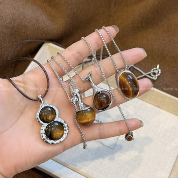 Maillard Retro Tiger Eye Stone Gourd Pendant Necklace for Women 2025 New Fashionable High-End Sweater Chain Accessory