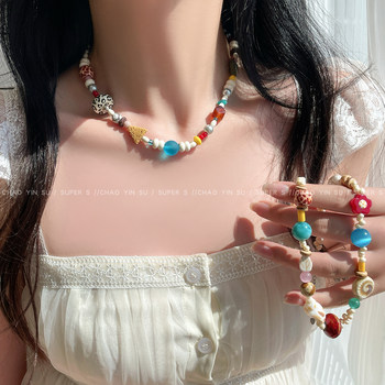 Colorful Dopamine Ceramic Beaded Necklace for Women, Sweet and Cute Clavicle Chain, Niche Design, Vacation Style Accessory