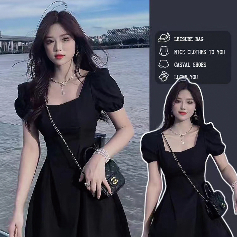2026 Summer High-End Hepburn Little Black Dress French Retro Square Neck Puff Sleeve Waist-Cinching Sweet and Spicy Style Dress for Women