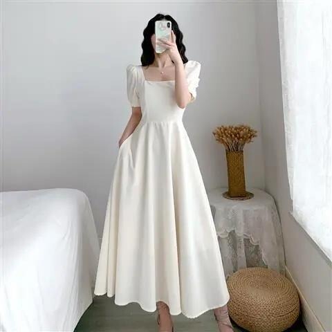 Puff Sleeve Square Neck White Hepburn Style Mature Dress for Women, White Dress with Waist-Cinching, Slimming, Elegant, Over-The-Knee Long Dress for Summer