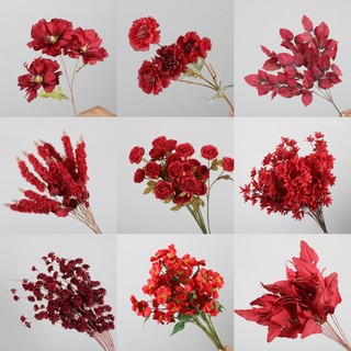 新款红色系婚庆仿真绢花舞台背景吊顶装饰酒红色婚礼花艺假花花束