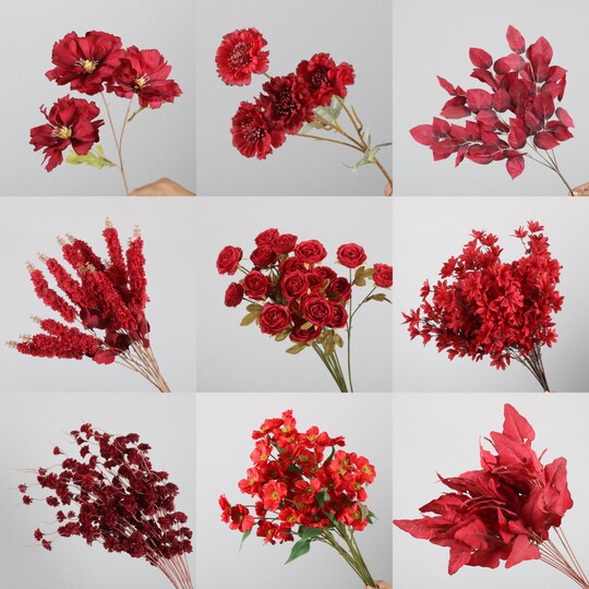 新款红色系婚庆仿真绢花舞台背景吊顶装饰酒红色婚礼花艺假花花束