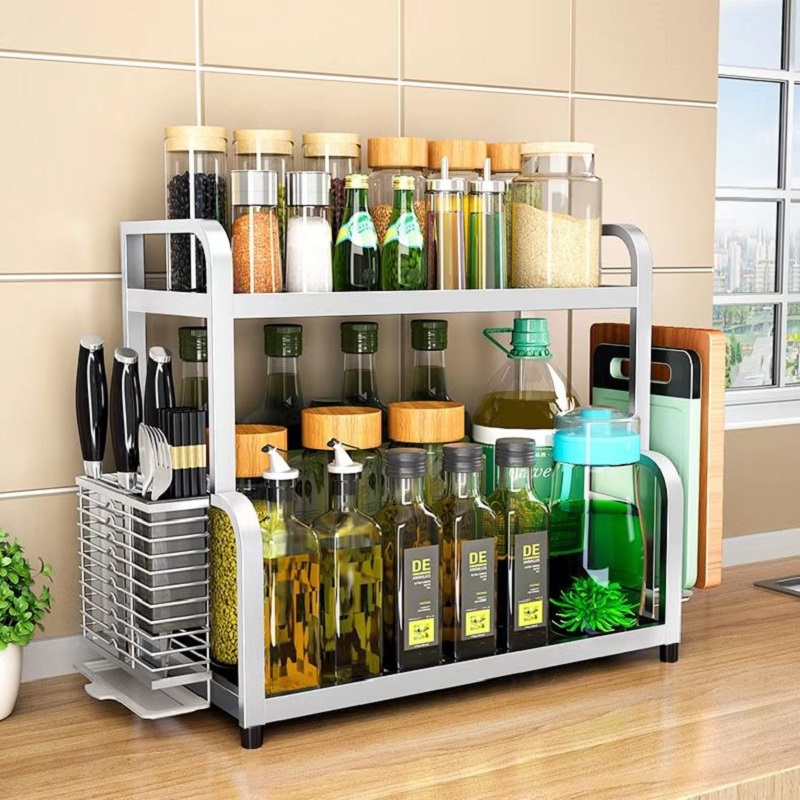 Thickened stainless steel floor-to-ceiling multi-layer seasoning seasoning rack knife rack multi-functional kitchen storage rack multi-functional free punching