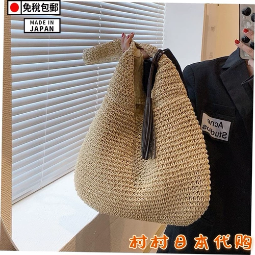 Соломенная вместительная и большая плетеная пляжная японская летняя сумка на одно плечо