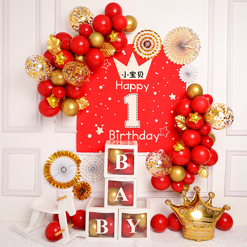 Boys and girls 100 days and 100 days banquet baby's first birthday decoration scene layout children's balloon party background wall