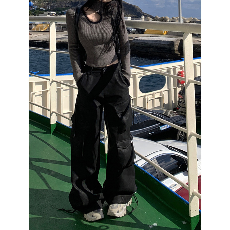 FunnJ party a few long legs cool cover black loose wide leg straight cylinder leather pants women Heavy work PU leather tooling casual pants-Taobao