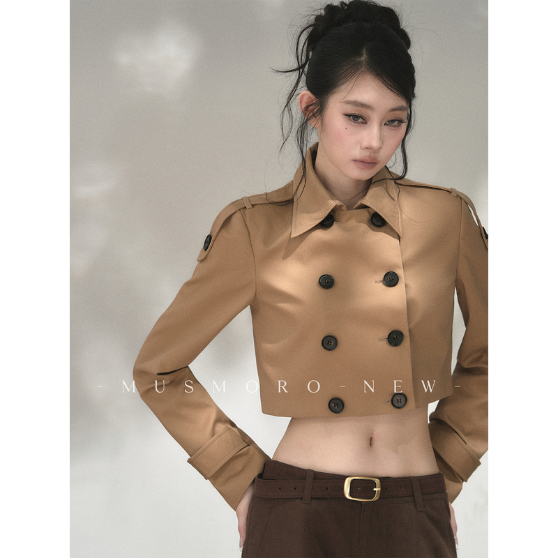 Musmoro High-Waisted Double-Breasted Short Trench Coat for Women, Khaki Petite Jacket, Short Coat Top Musmoro High-Waisted Double-Breasted Short Trench Coat for Women, Khaki Petite Jacket, Short Coat Top