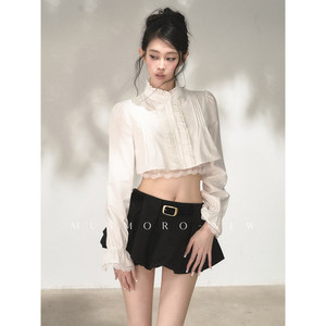 Musmoro Double-Shoulder Accordion Pleated Faux Two-Piece Straight Shoulder Stand Collar Slightly Flared Puff Sleeve Court-Style Waist-Revealing Short Shirt