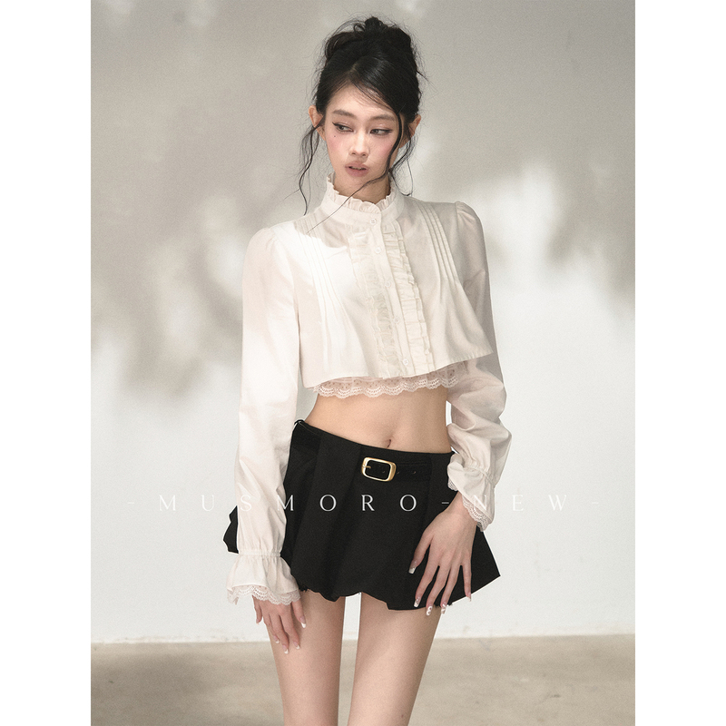 Musmoro Double-Shoulder Accordion Pleated Faux Two-Piece Straight Shoulder Stand Collar Slightly Flared Puff Sleeve Court-Style Waist-Revealing Short Shirt